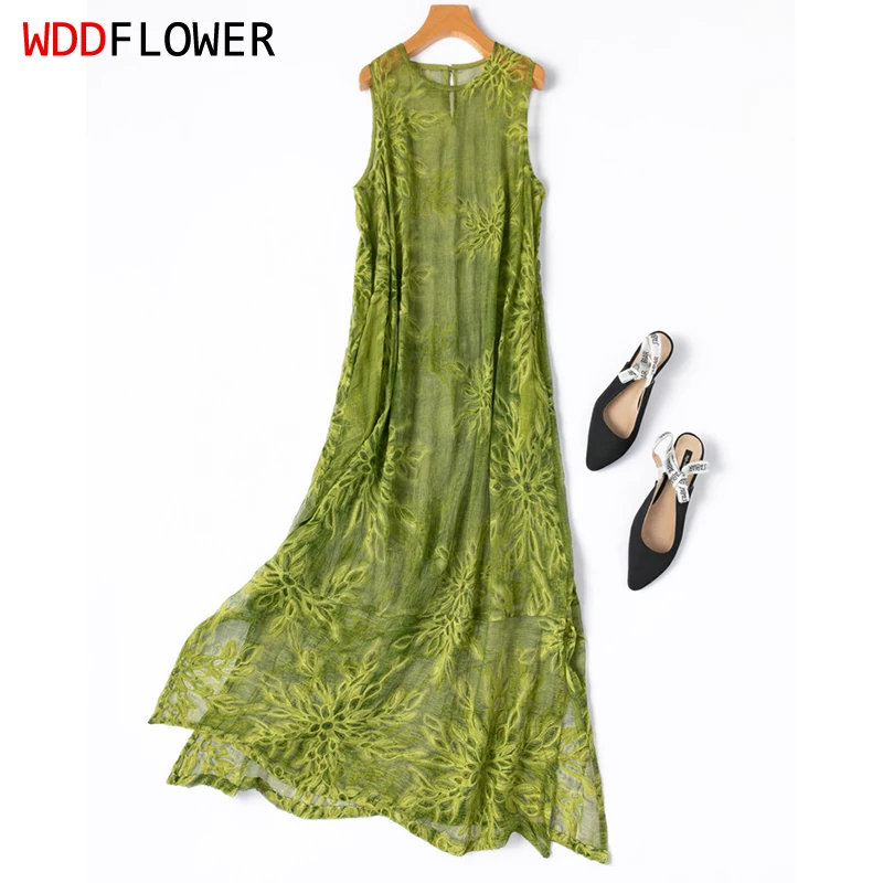 

Women Silk Tank Dress 100% Mulberry Silk Transparent Green Floral Embroidery Sleeveless O neck A-Line Long Midi Dress M1364