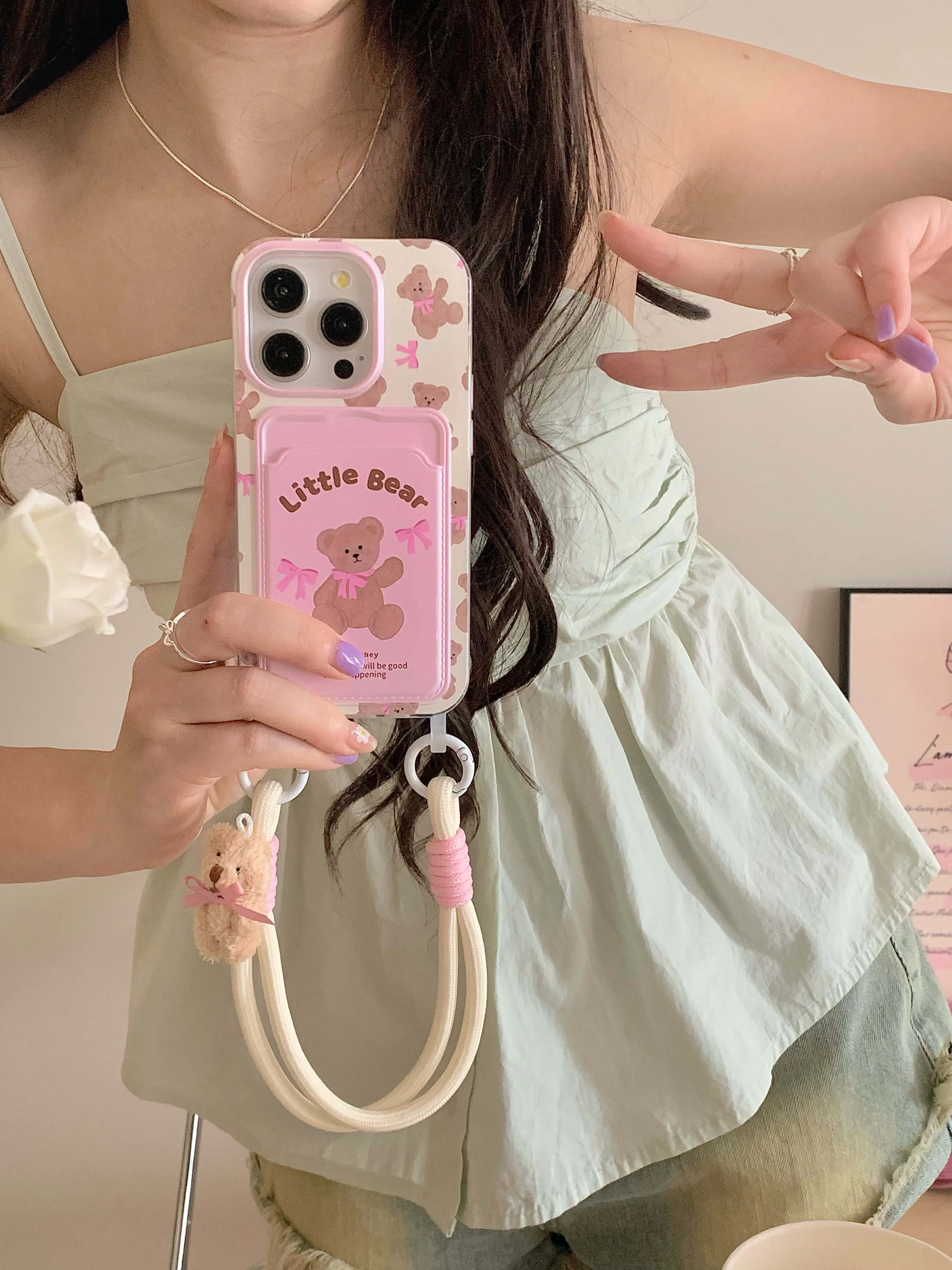 Pink bow bear card holder phone case for iphone 11 12promax 14 13 15pro 13pro 15 pro max 14pro 12 milk white rope cute funda