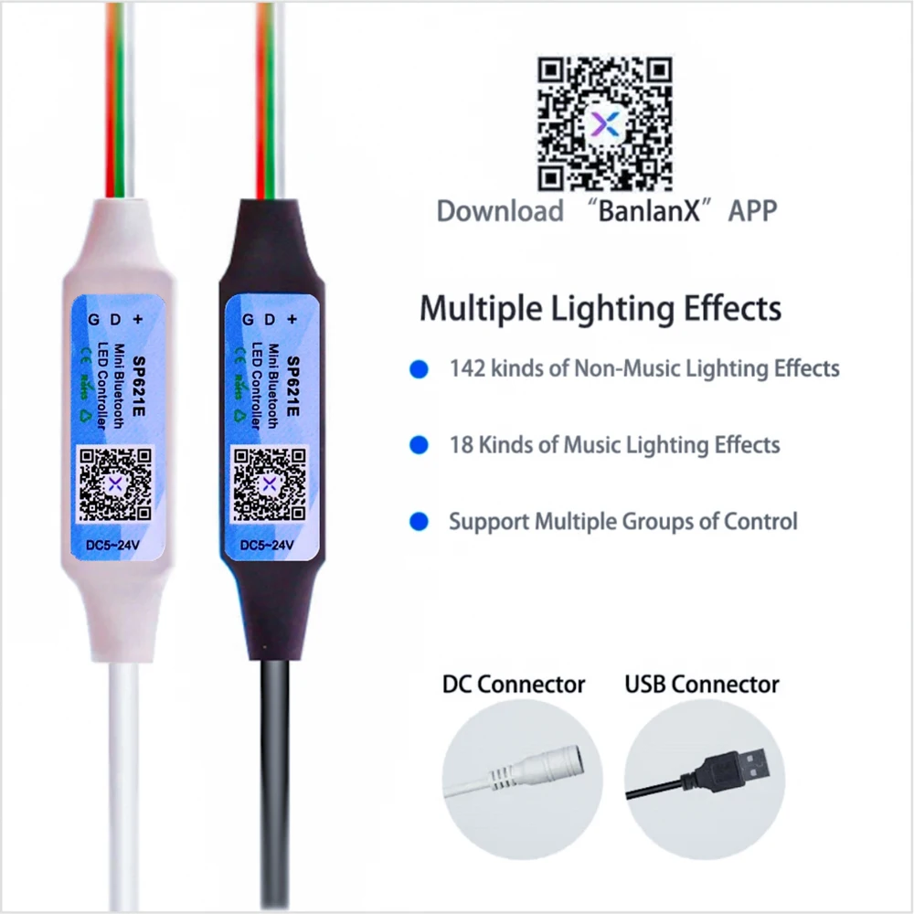 Контроллер SP621E Mini SPI Bluetooth LED с поддержкой приложения BanlanX, синхронизацией с музыкой и функцией диммирования, DC5-24V, для адресных RGB LED WS2812B, WS2811, SK6812, 5V.