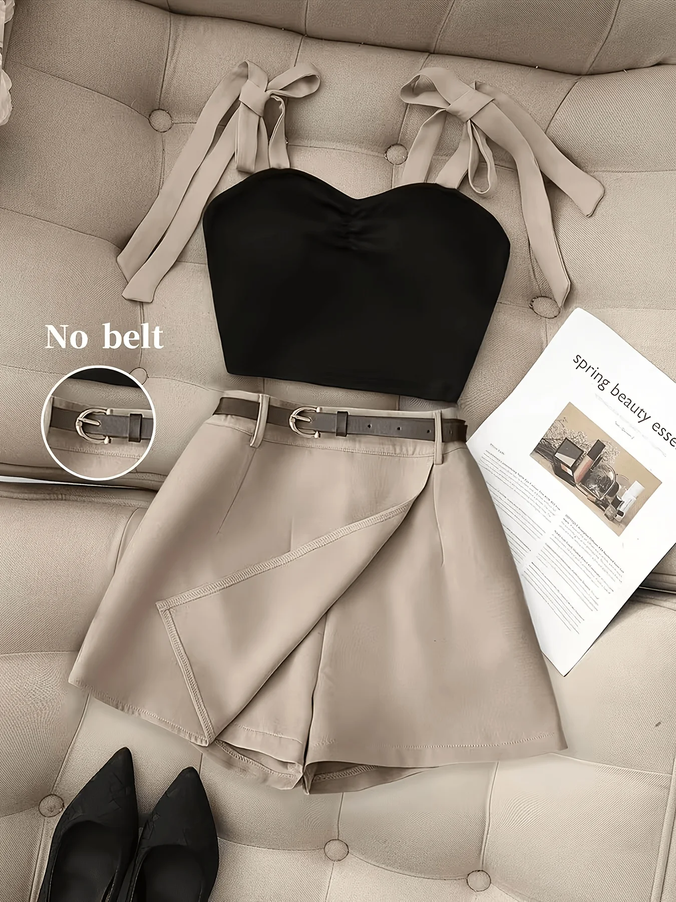 Women's Black Bow Halter Tube Crop Top And Khaki Wrap Skort Faux Two-Piece Set Sweet Hot Girl Outfit Belt Not Included