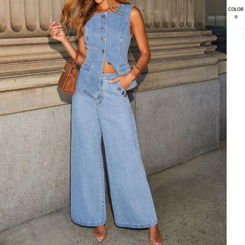 

Американский джинсовый комплект свободного покроя Long Sve, широкие брюки, модная цветная женская осенняя коллекция