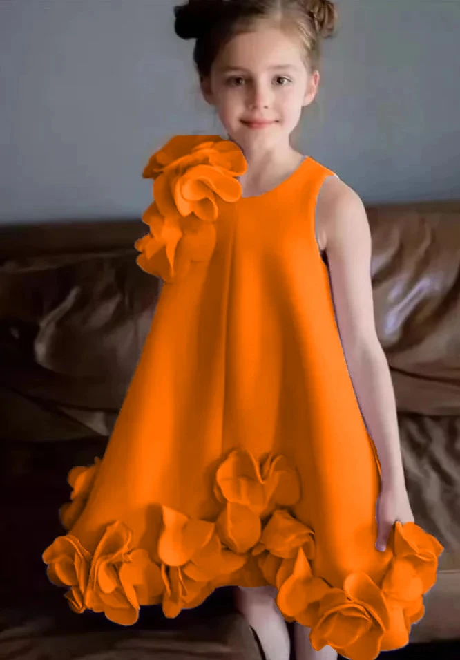 

Orange Fower Girl Dress Puffy 3d Appliques Sleeveless For Wedding Baby Kids Birthday Party Princess First Communion Ball Gown