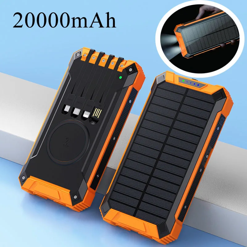 

20000 мАч Солнечная батарея Портативное беспроводное зарядное устройство Powerbank Быстрая зарядка Встроенные кабели Светодиодный светильник Открытый внешний аккумулятор