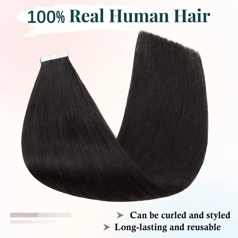 Extensions de cheveux humains vierges sans couture pour femmes, 100% Remy, noir naturel, ruban adhésif, droit