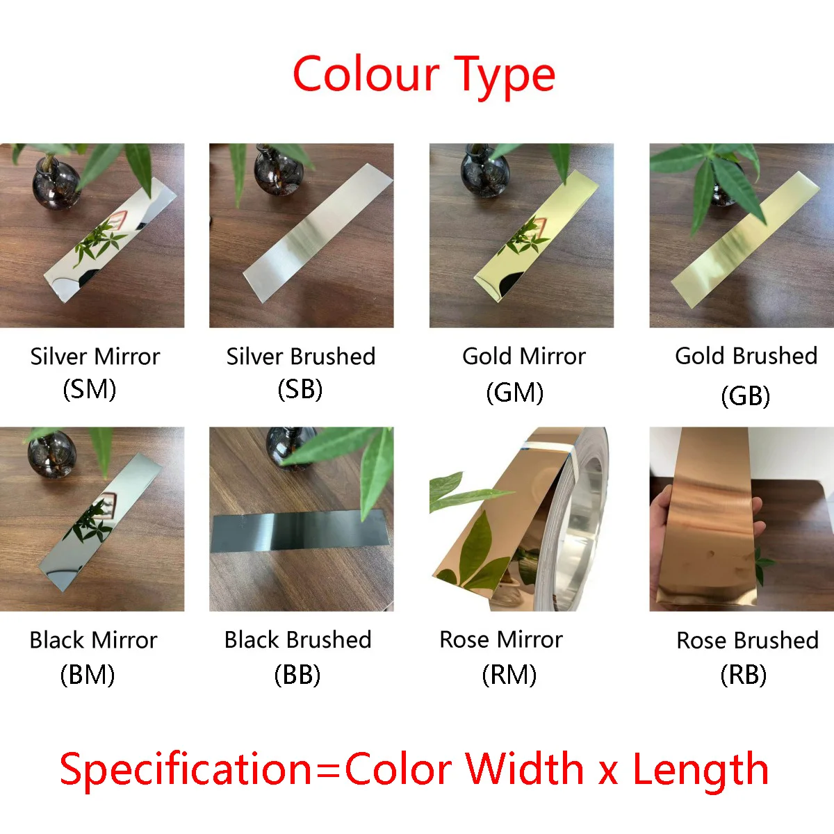 Self-adhesive Stainless Steel Strip Metal Band Strips Coloured Mirror/Brushed for Protecting Furniture 6mm-150mm Width