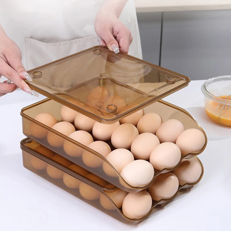 

1pcs Automatic Rolling Egg Rack Refrigerator Egg Storage Box With Cover Stackable Egg Container Kitchen Organizer Cabinet