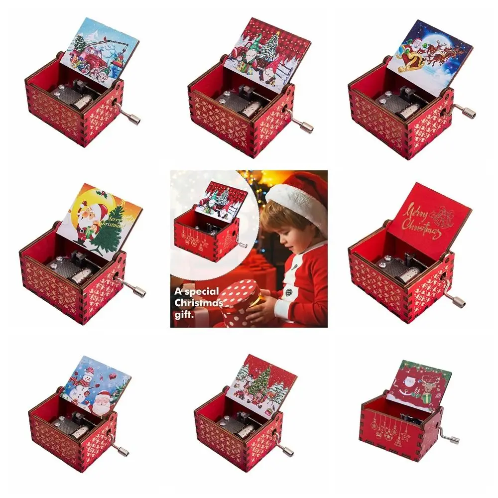 Red Hand-cranked Music Box Painted DIY Music Box Ornaments Exquisite Hand-cranked Santa Claus Wooden Box Decoration Gift