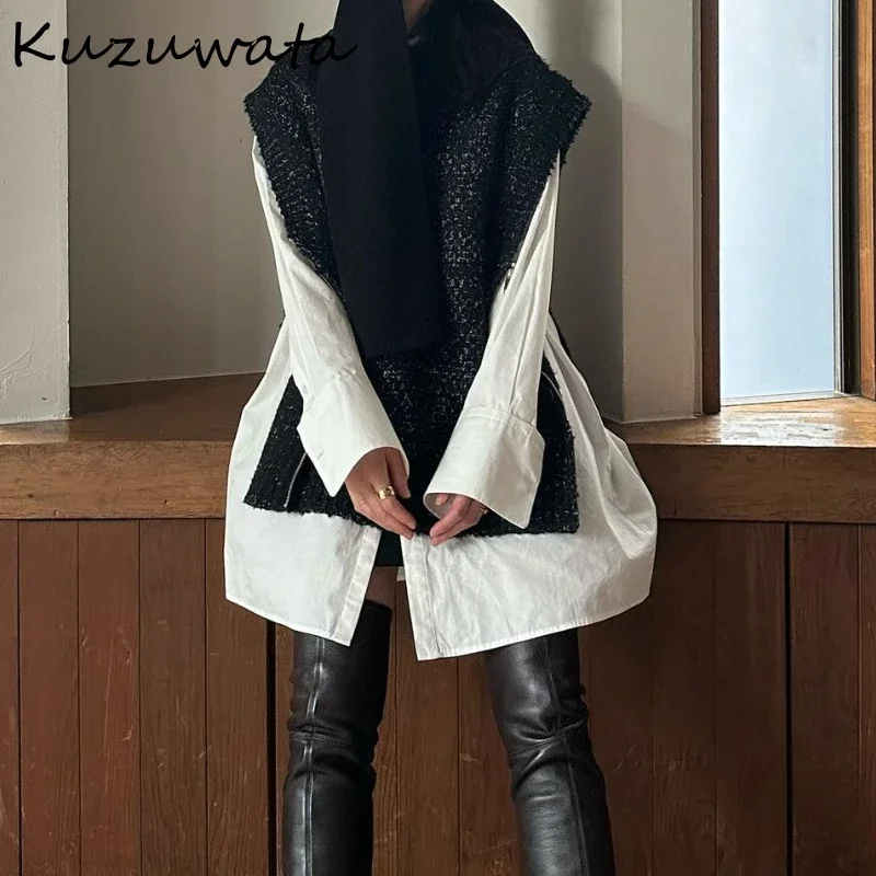 Kuzuwata Lazy Collarless Sleeveless Woman Sweaters Loose Pullover Zip Soft Casual Women Clothing Japan Knit Moda Sweater Vest