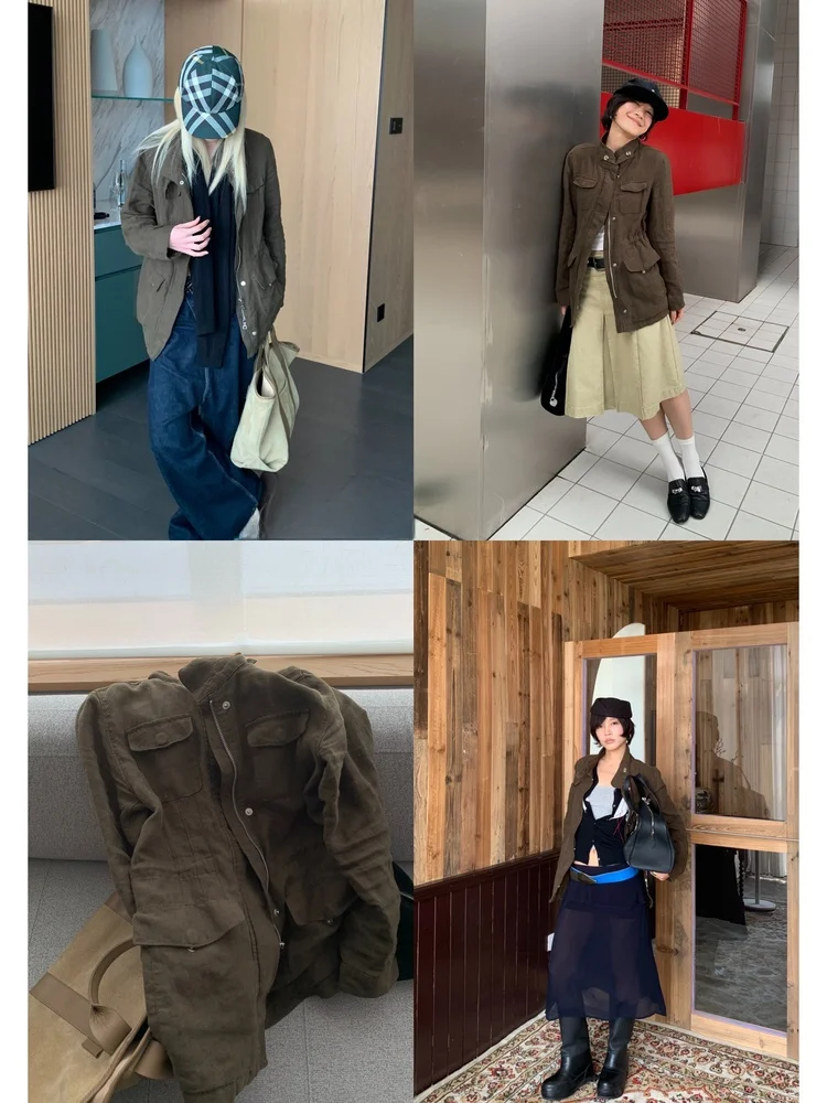 

T Linen Workwear Sle Loose Fit Jaet Women's Stand Collar Long Sve Zipper Closure Color Commute Outfit