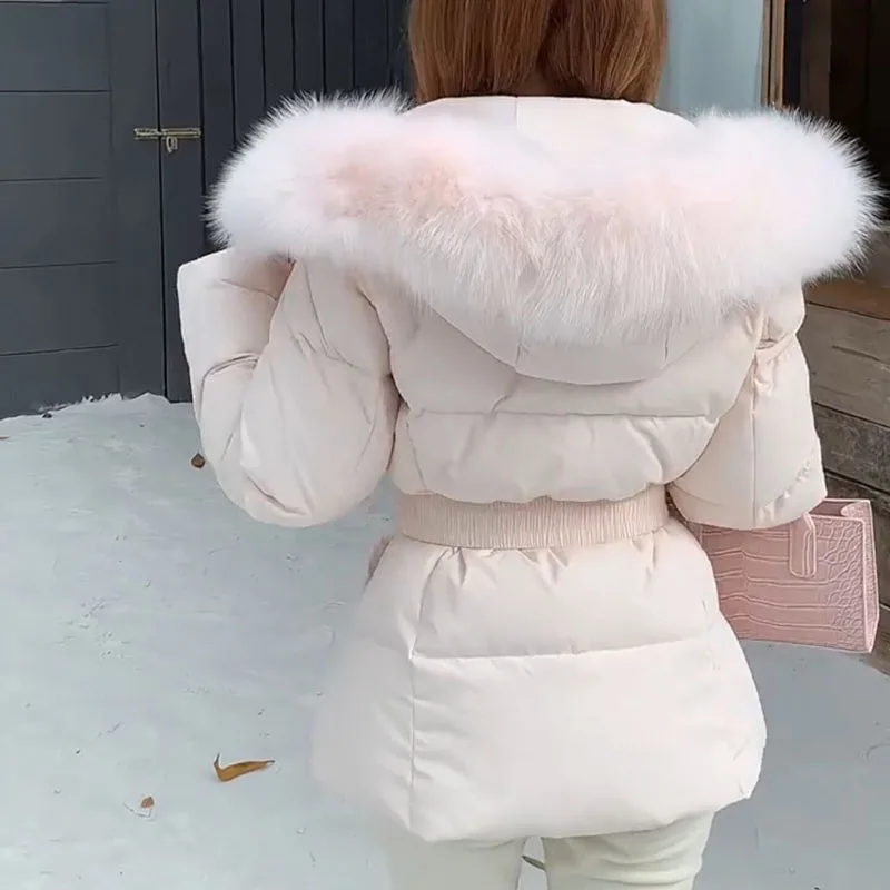 Winter Women's Faux Fur Collar Hooded Parkas Fashion Belt Thick Padded Cotton Jacket Women Slim Fit Solid Zipper Puffer Jackets 3