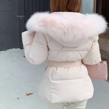 Winter Women's Faux Fur Collar Hooded Parkas Fashion Belt Thick Padded Cotton Jacket Women Slim Fit Solid Zipper Puffer Jackets 3