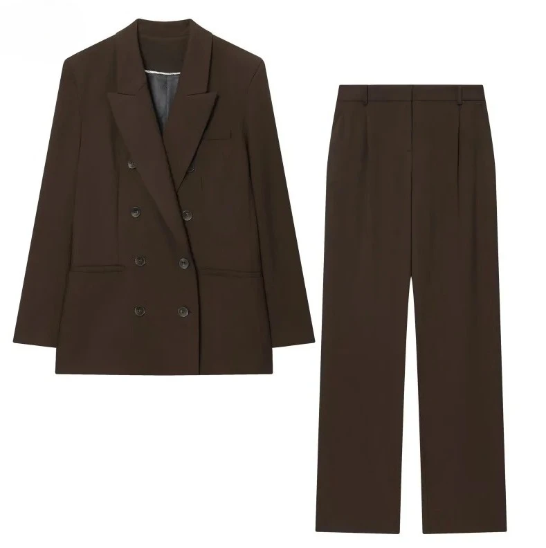 Conjunto de terno duplo breasted feminino 2025 – Blazer com textura Maillard com ombreiras e calças combinando, nova moda de viajante