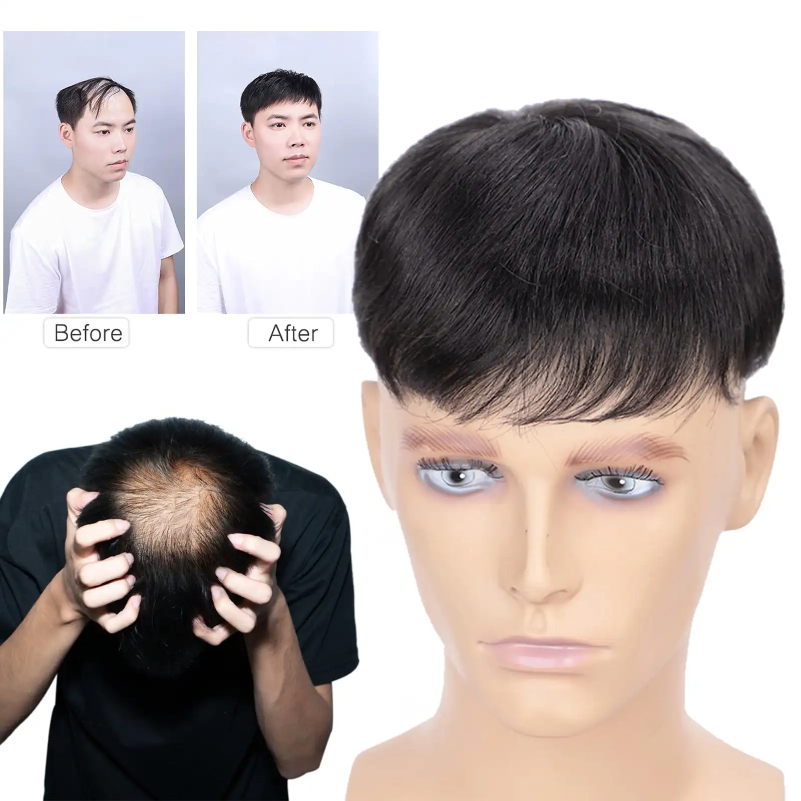 Men Toupee Natural Black Hair Wig for Men Toupee Silk Base Men's Wig Male Wigs for Man Hairpiece Mens Real Human Hair System