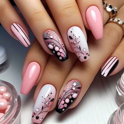 A full set of 24 long ballet fake nails designed with pink nail pieces and black and white flower patterns, including 1 jelly gl