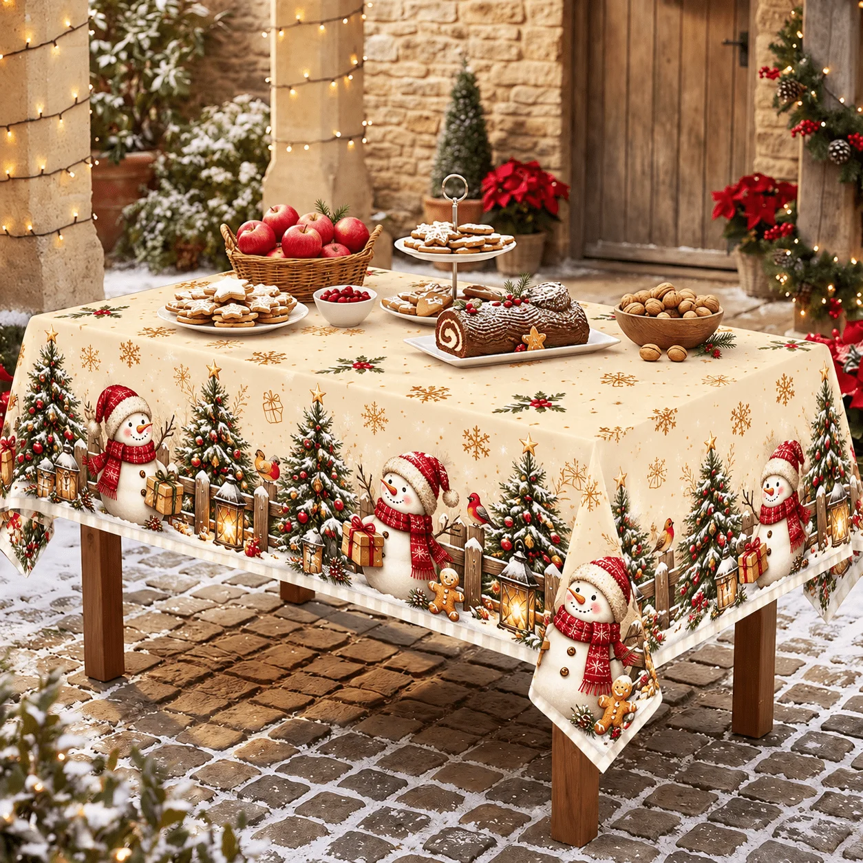 1 square tablecloth, Christmas cute snowman theme printed tablecloth, suitable for Christmas parties and Christmas Eve dinners