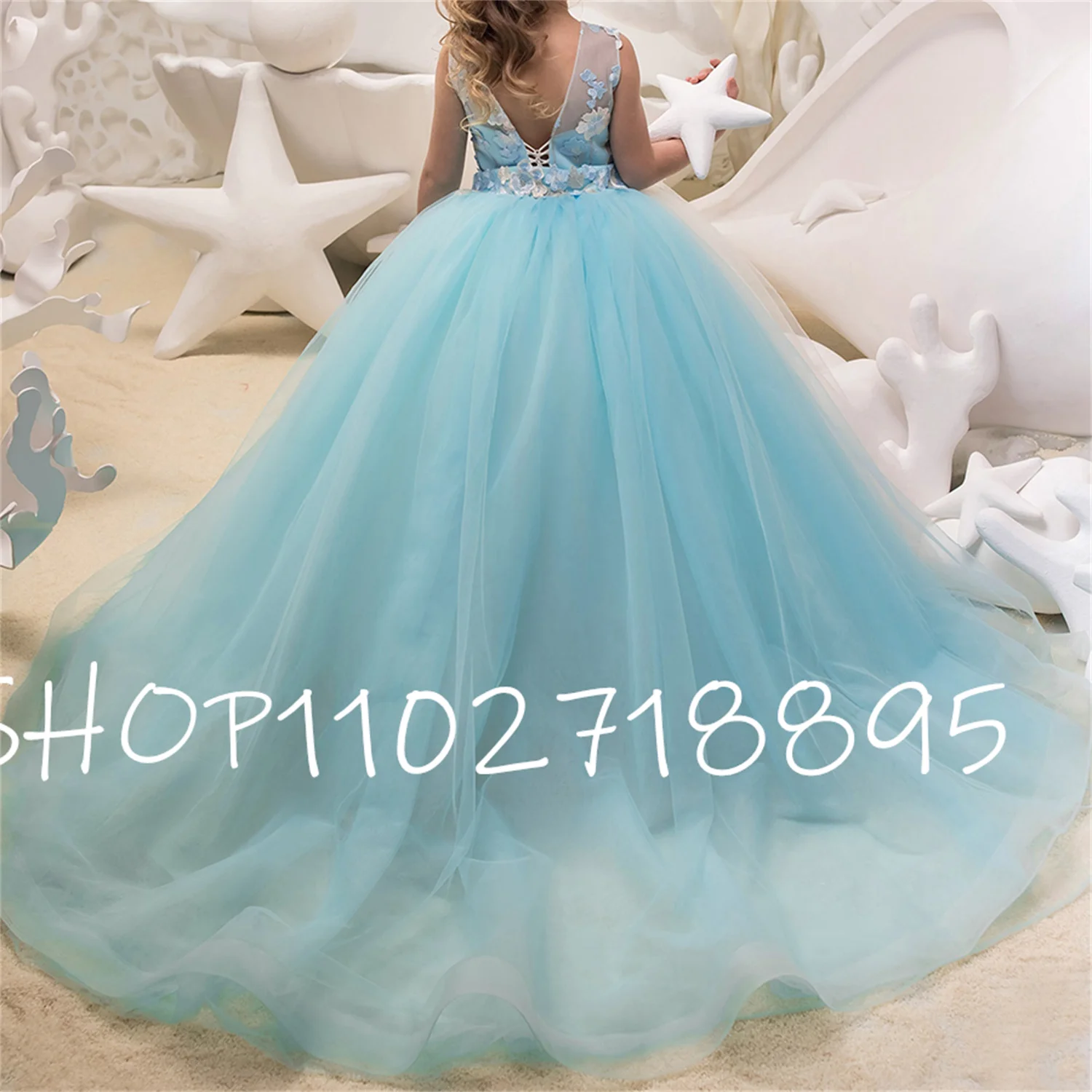 

Contrast Blue White Flower Girl Dress Kids Princess Sleeveless Applique Floor Length Wedding Dance Beach Prom Ball Gown Dress