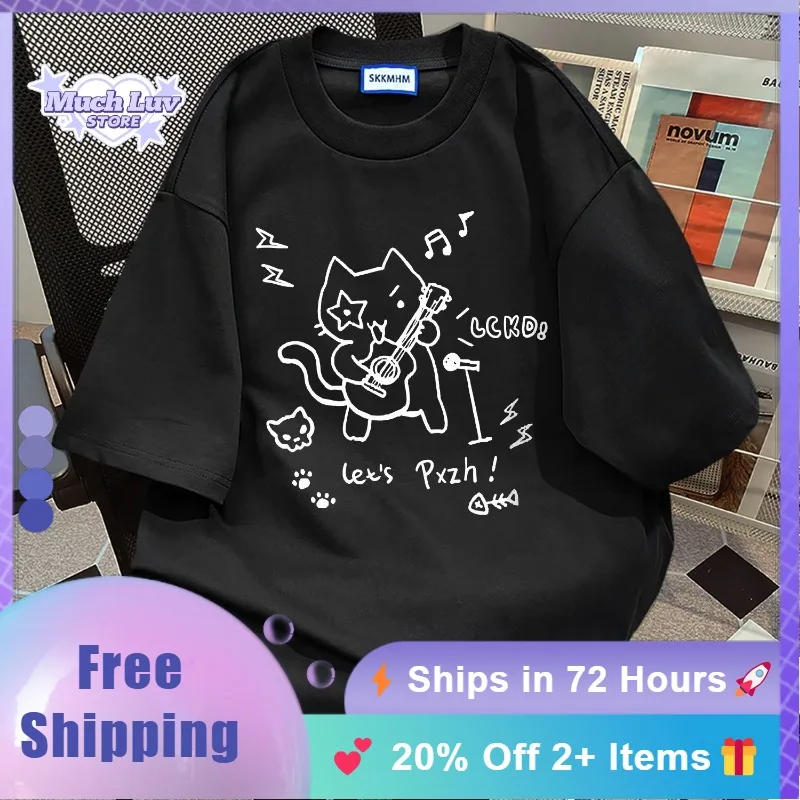 

Cartoon Rock Cat Printed Cotton T-shirt for Men and Women Summer Fashion Trend Casual Comfy Pure Cotton Couple Short Sleeve Top