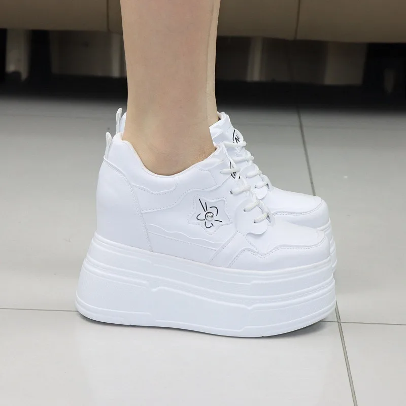 Women White Sneakers 12cm 10cm Hidden Wedge Platform Shoes Autumn Thick Sole Flatform Casual Skate Shoes Petite Elevator