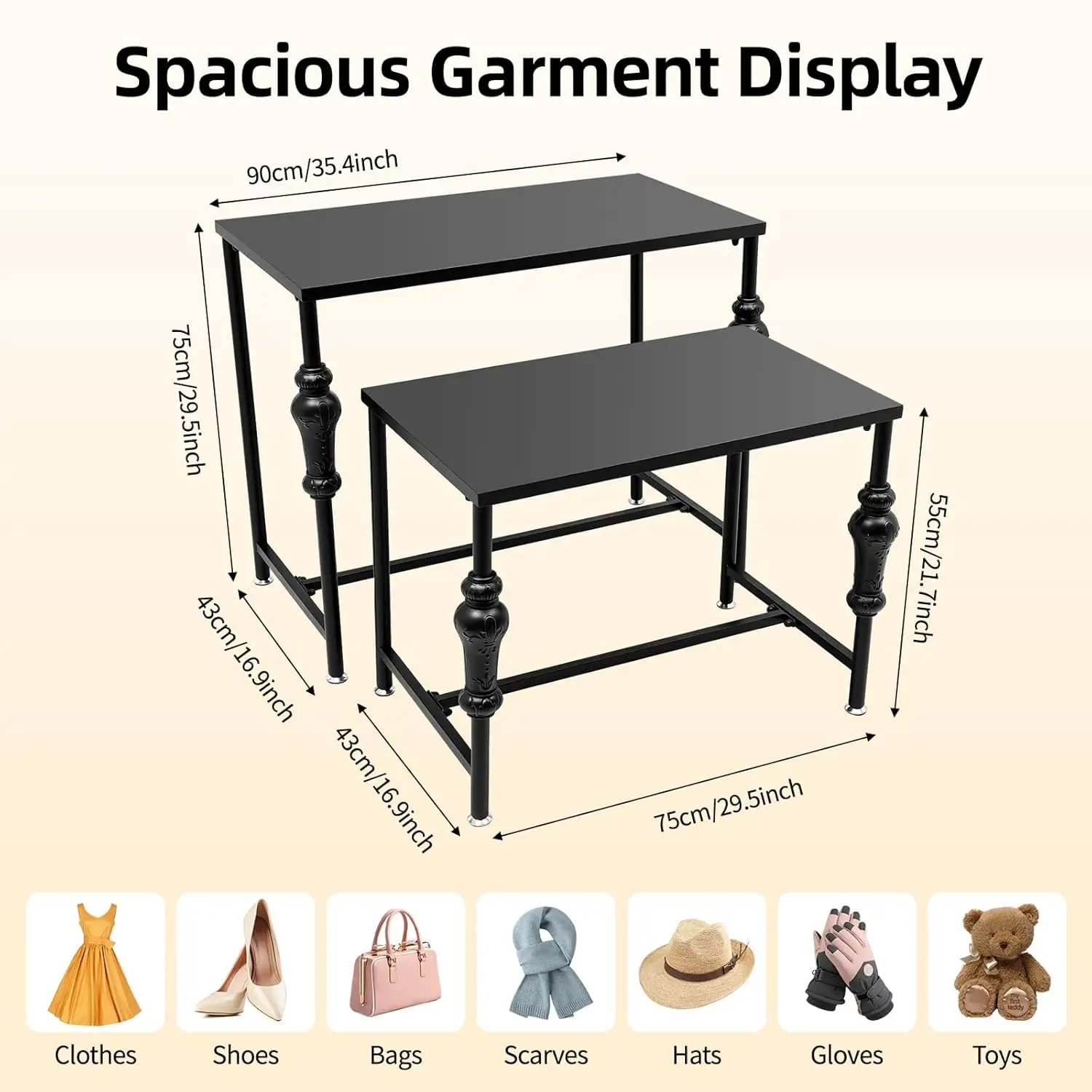 Metal Display Table Set of 2, Clothing Shoe Handbag Riser Stand, Multi-Level Shelf for Boutique, Black, Customized