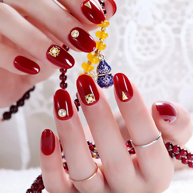 24 Uds. De uñas postizas remachadas de color rojo vino con pegamento, uñas postizas de cabeza redonda extraíble para decoración de uñas DIY