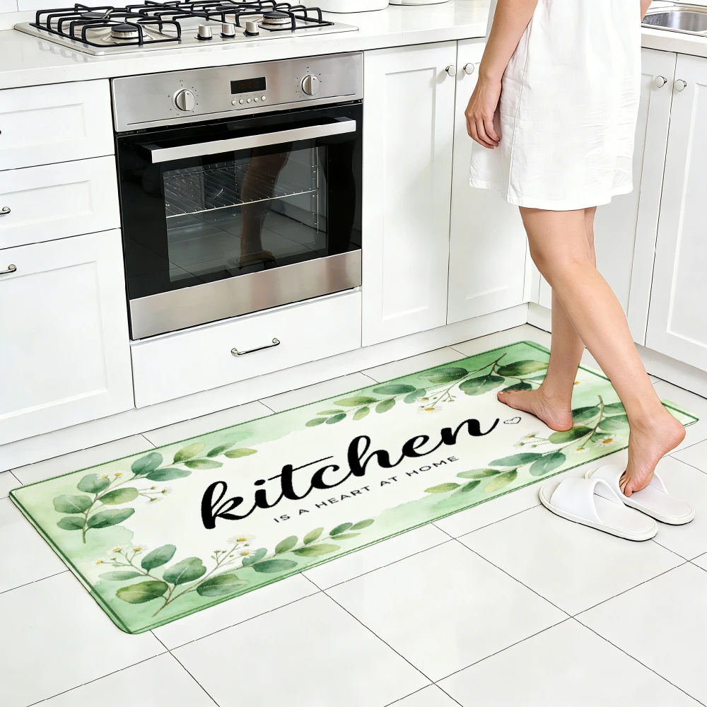 Fresh Eucalyptus Daisy Kitchen Letter Runner Rug on light watercolor green base,non-slip carpet for kitchen aisle entryway floor