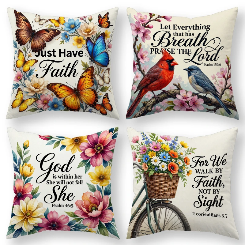 4pc Set of 4 Christian Faith Floral Throw Pillow Covers  Bible Verse Decorative Cushion Cases for Home Living Room Bedroom Sofa