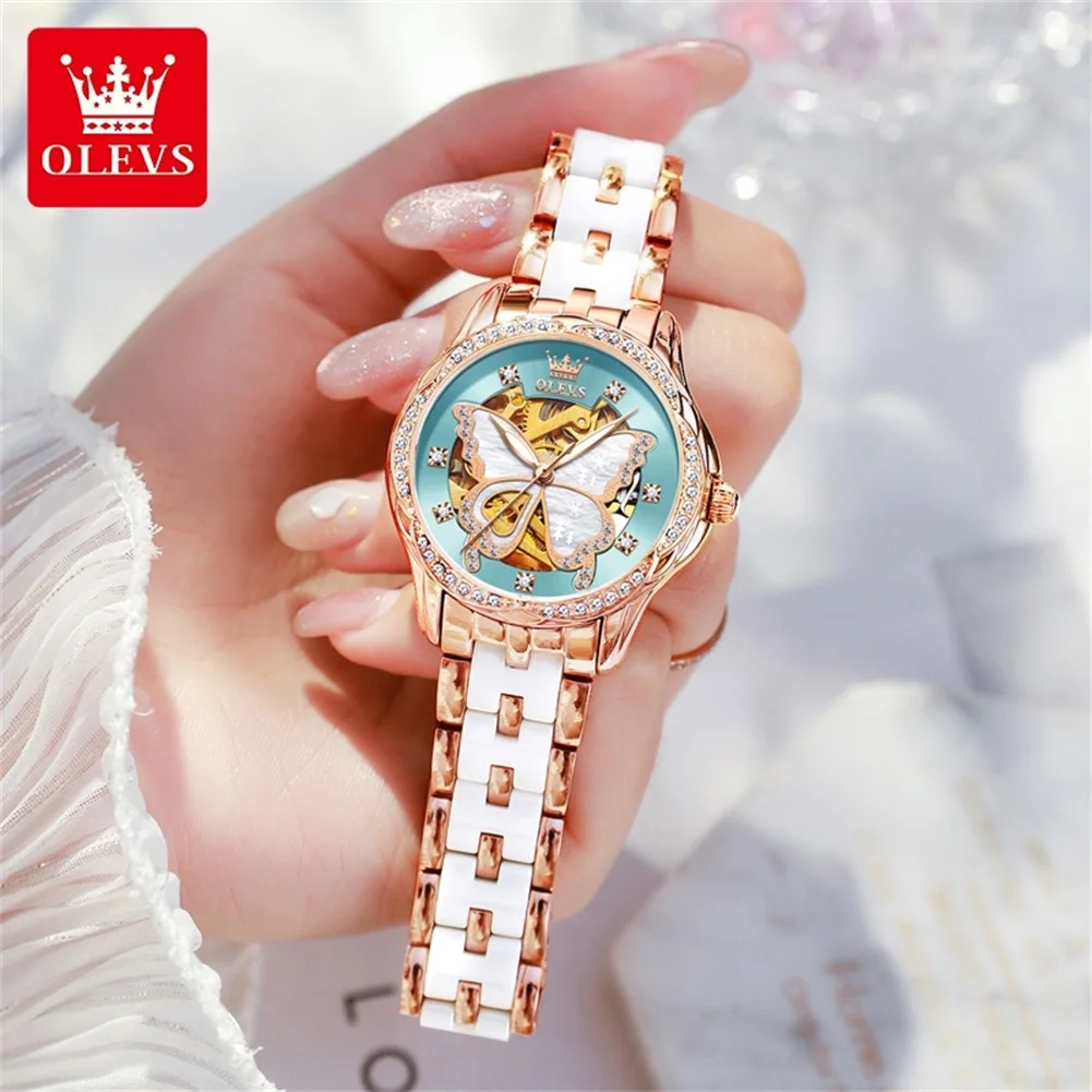 OLEVS Brand Fashion Butterfly Dial Mechanical Watch Women Ceramic Strap Waterproof  Luxury Diamond Watches Womens Montre Femme