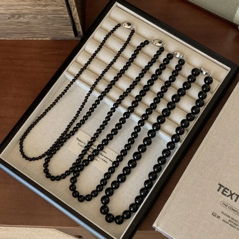 Collar de Cuentas de Ágata Negra Natural de 4, 6, 8, 10 y 12 mm, Estilo Vintage, Marca Minar, para Mujer, con Hebilla de Moneda Dorada y Baño de Plata sobre Cobre