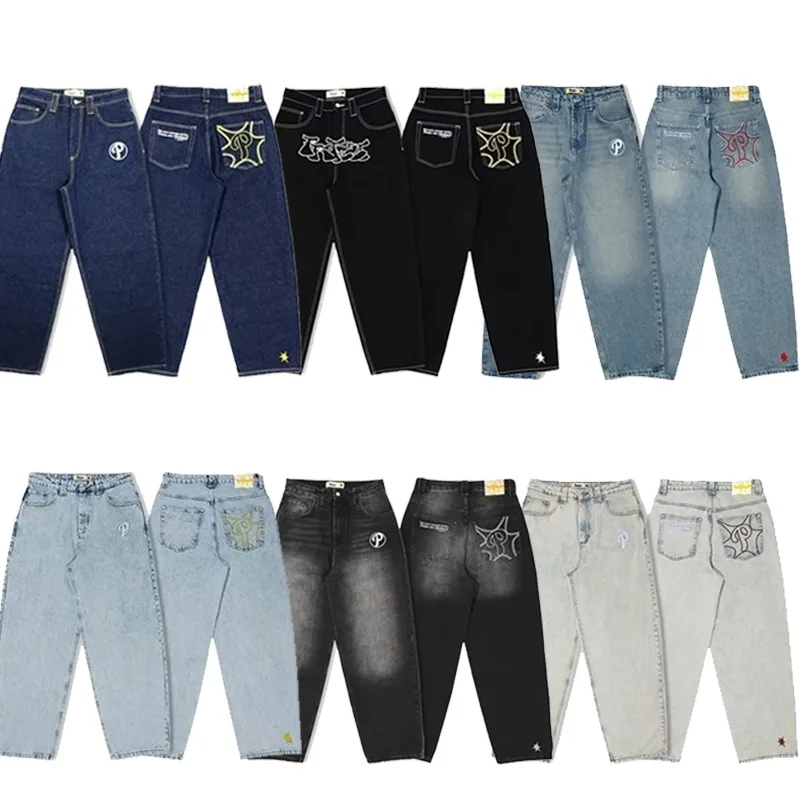 Homens e mulheres Vintage Baggy Jeans, Alta Qualidade, Padrão Bordado, Hip Hop, Gótico, Harajuku, Perna Larga, Streetwear, Moda, Y2K