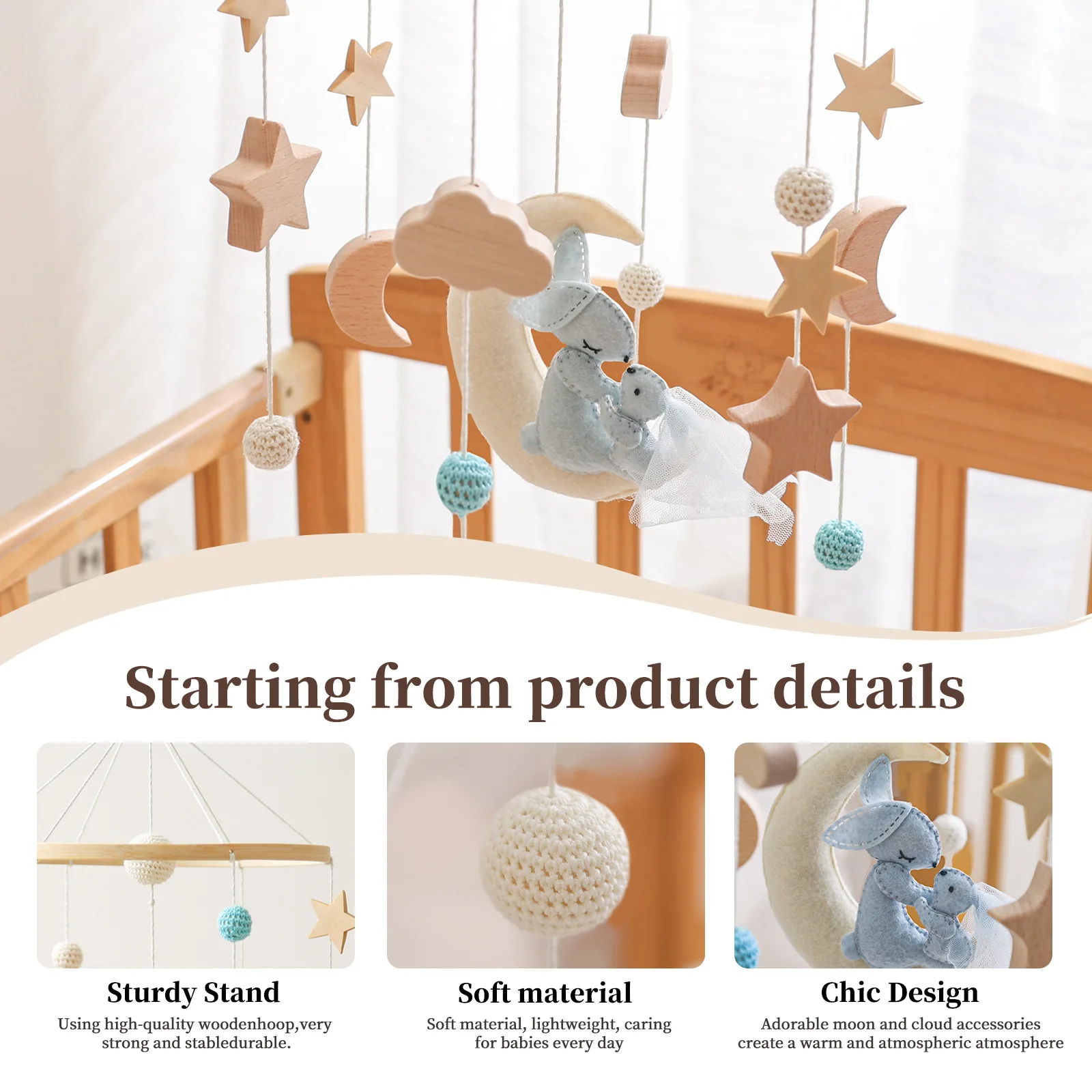 الشمال Sle اليدوية خشبية القمر أرنب السرير جرس لغرفة الطفل لعب الأطفال اللعب الصوت إيه مهد الطفل لعبة للهاتف المحمول #4