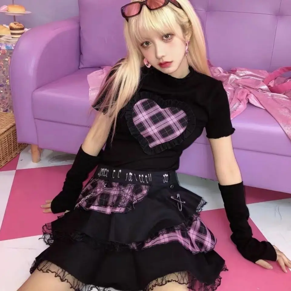 Y2K Gothic Plaid Mini Skirt Tiered Ruffle Lace Trim  Black Harajuku Subculture Party Outfit Women Clothing Streetwear 2026