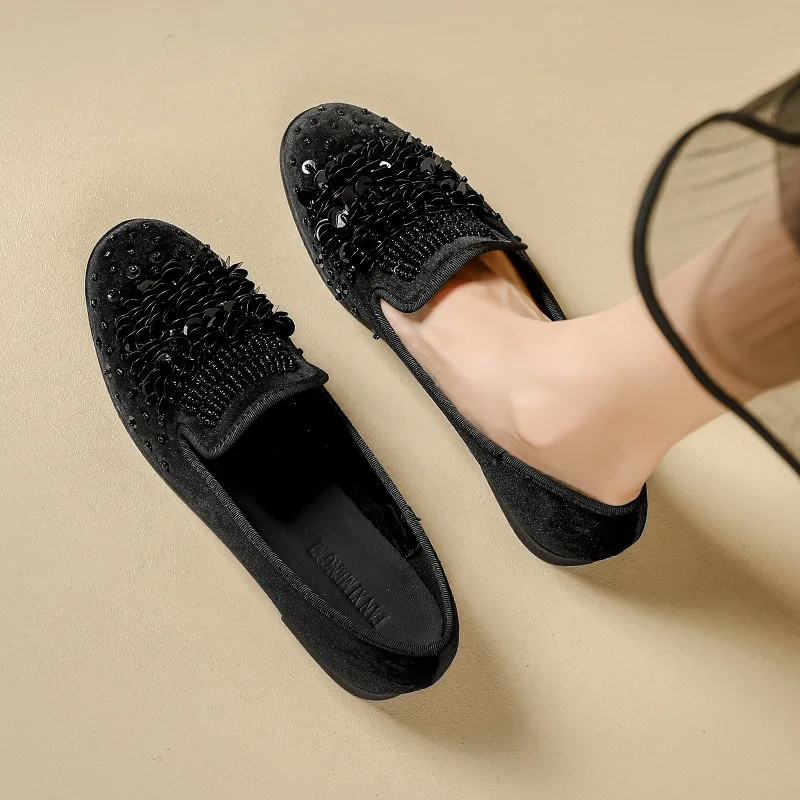 

Black Women Genuine Leather Loafers Flat Casual Shoes Fashion Women Rhinestone Driving Shoes Women Flats Dress Wedding Shoes