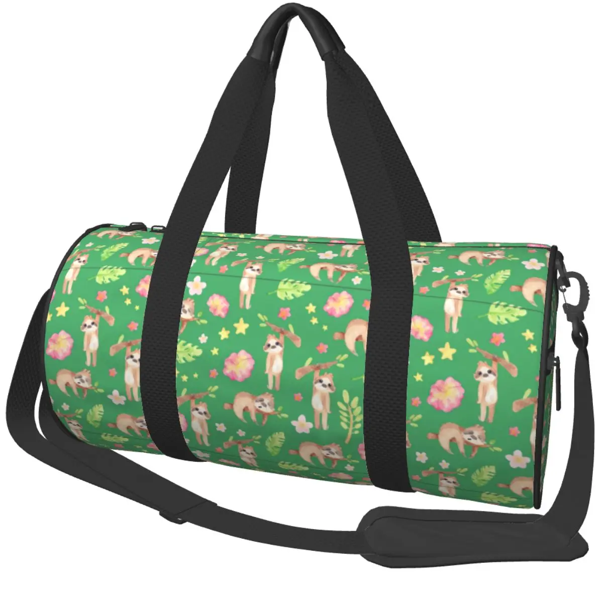 Floral Sloth On Green Sports Bags Cartoon Cute Travel Gym Bag Gym Accessories Colorful Handbags Men Waterproof Fitness Bag