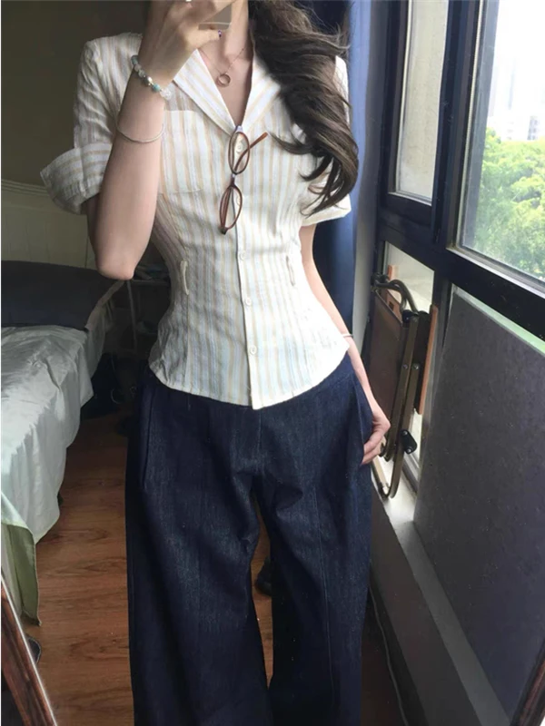 

Retro American Yellow Stripes Short Sleeve Shirt Women's Summer Design Slim Fit Waist Cinch Short Length Trendy Top