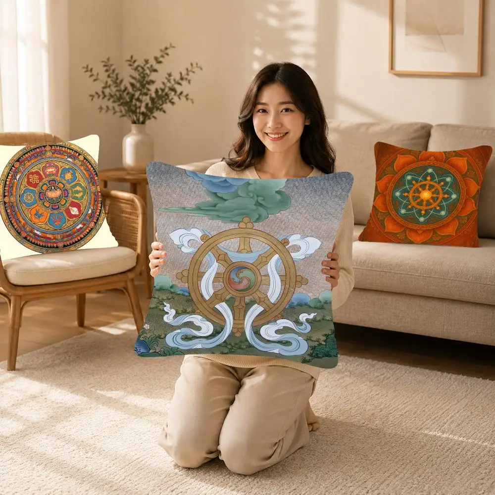 Sacred Symbol D-Dharma Wheel Cushion Cover Bedroom bed reading backrest cushion Festive plush holiday Soft plush throw