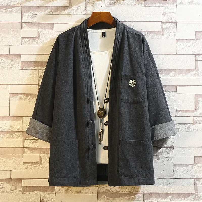 Denim Kimono Jacket Men Fashion Casual Jeans Jackets Coats Male Chinese Style Button Design