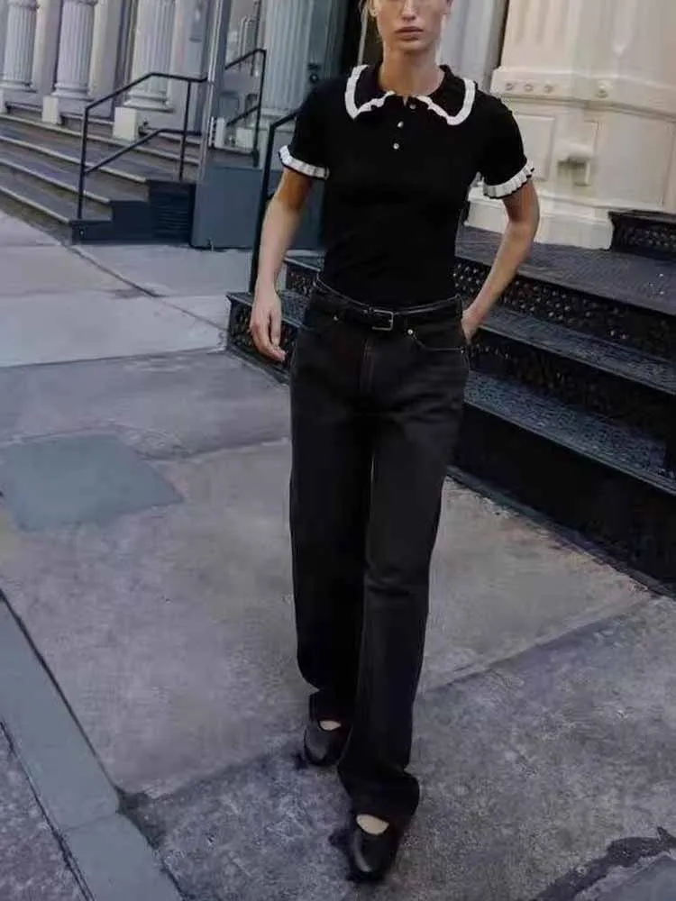 

Новая женская одежда в европейском и американском стиле: простая и модная рубашка-поло с цветными блоками и короткими рукавами, повседневный топ