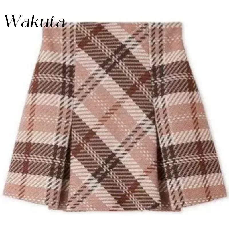 WAKUTA Japanese Retro High-waisted Faldas Plaid A-line Skirts Autumn/Winter Casual Versatile Wool Tweed Yarn Thin Skirts 니트 스커트