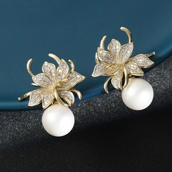 ZAKOL Gorgeous Flower Imitation Pearl Earrings for Women Luxury Inlaid Sparkling Zircon CZ Wedding Jewelry Wholesale