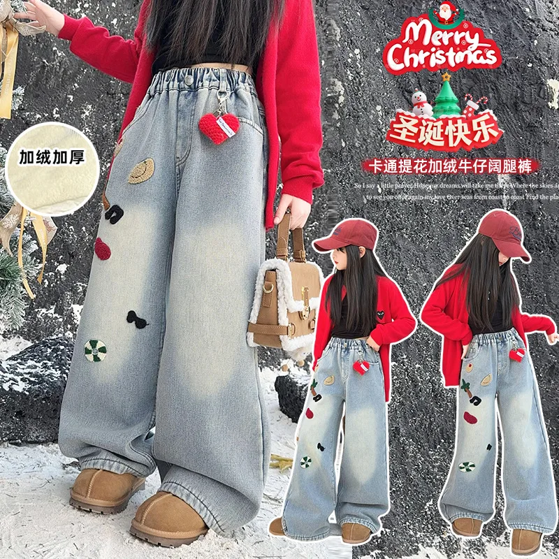 

Джинсы на флисовой подкладке для девочек, свободные широкие джинсовые брюки с вышивкой, толстые теплые зимние рождественские брюки, морозостойкие термоштаны