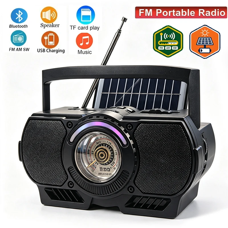 Portable FM AM SW Radio Solar Radio Receiver Bluetooth Speaker RGB Light TF Card USB Drive MP3 Music Player Rechargeable Battery