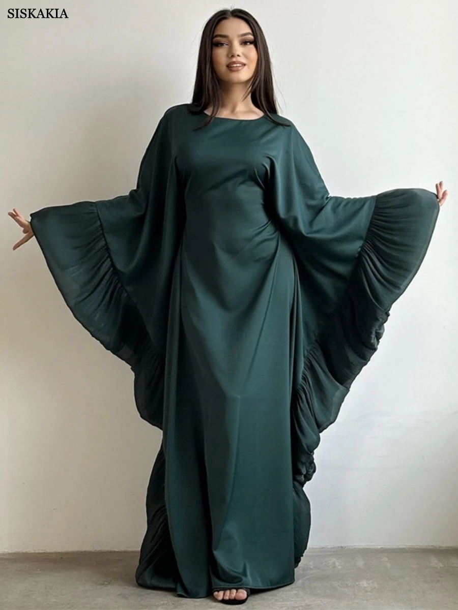 Siskakia Luxury Women Petal Sleeve Abayas Batwing Dubai Batwing Sleeve Maxi Dress Muslim Fashion Solid Kaftan 2025