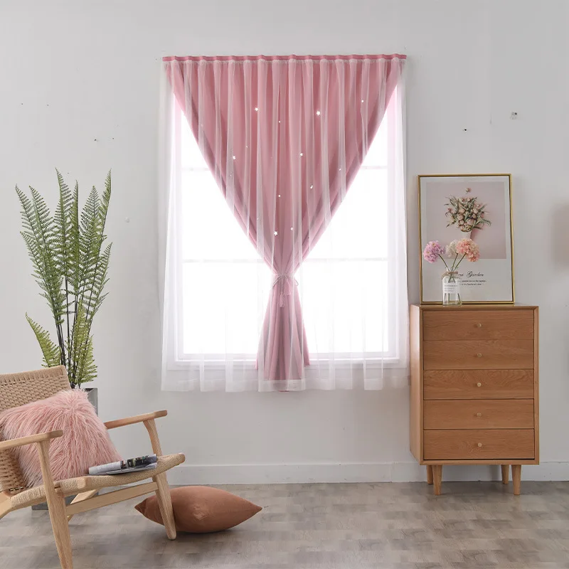 1 Stück Rosa Sternförmiger Doppelschichtiger Vorhang mit Klettverschluss, Bohrerfreie Sternenhimmel-Gardinen für Schlafzimmer & Mietwohnungen (Gardinenstange Nicht Inbegriffen)