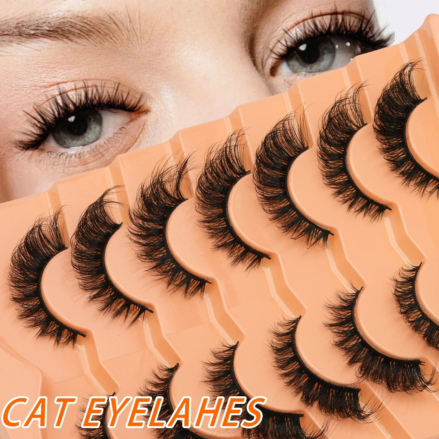 7Pairs 3D Faux Mink Cat Eye False Eyelashes Fluffy Wispy Winged Design Reusable for Daily Party Eye Makeup Wet-Look Texture