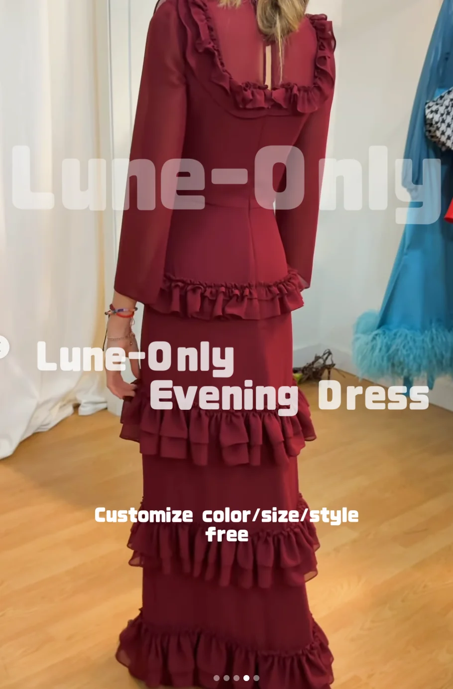 تخصيص عنابي الشيفون المتدرج الكشكشة النساء فساتين السهرة طويلة الأكمام أنيقة حزب ثوب مستقيم حفلة موسيقية اللباس الرسمي #5