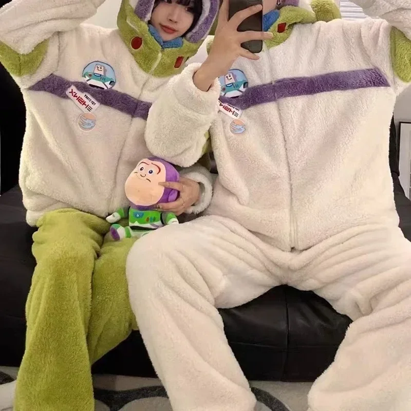 Cosplay Costume Toy Store Buzz Lightyear Pajamas Sets Hooded Loungewear Sleepwear Cute Flannel Nightgowns for Adult Keep Warm