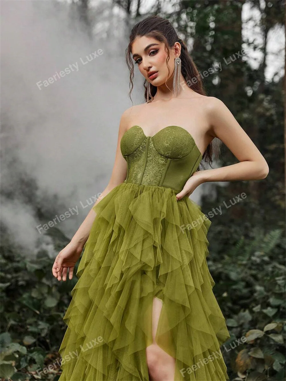 Sansa Green Tulle A-line Strapless Prom Dresses Side High Split vestidos de noche Elegant Floor-length Sleeveless Formal Evening