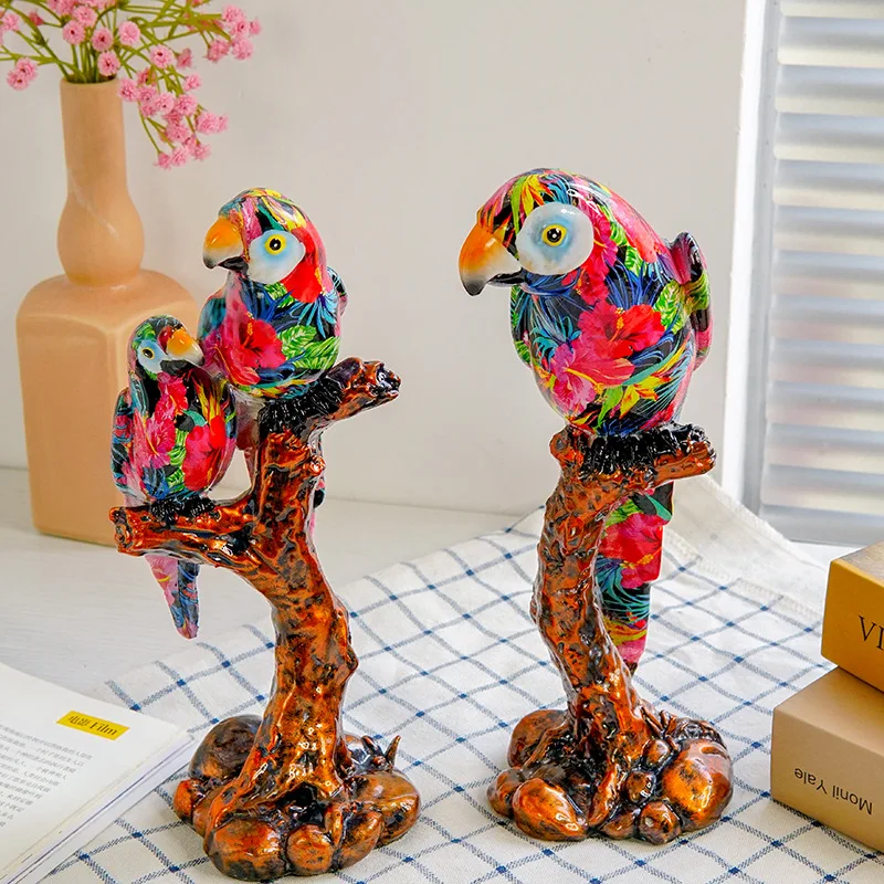 

European Style Creative Painted Statue Parrot Resin Craft Multicolor Graffiti Figurine Sculpture Room Office Desktop Decorations