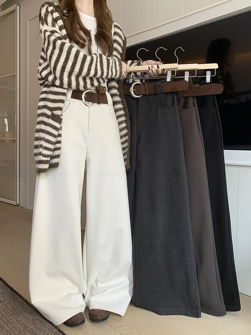 

Женские шерстяные брюки с высокой талией, широкими штанинами, свободного кроя, однотонные, универсальные, прямого силуэта, в пол, весенняя мода