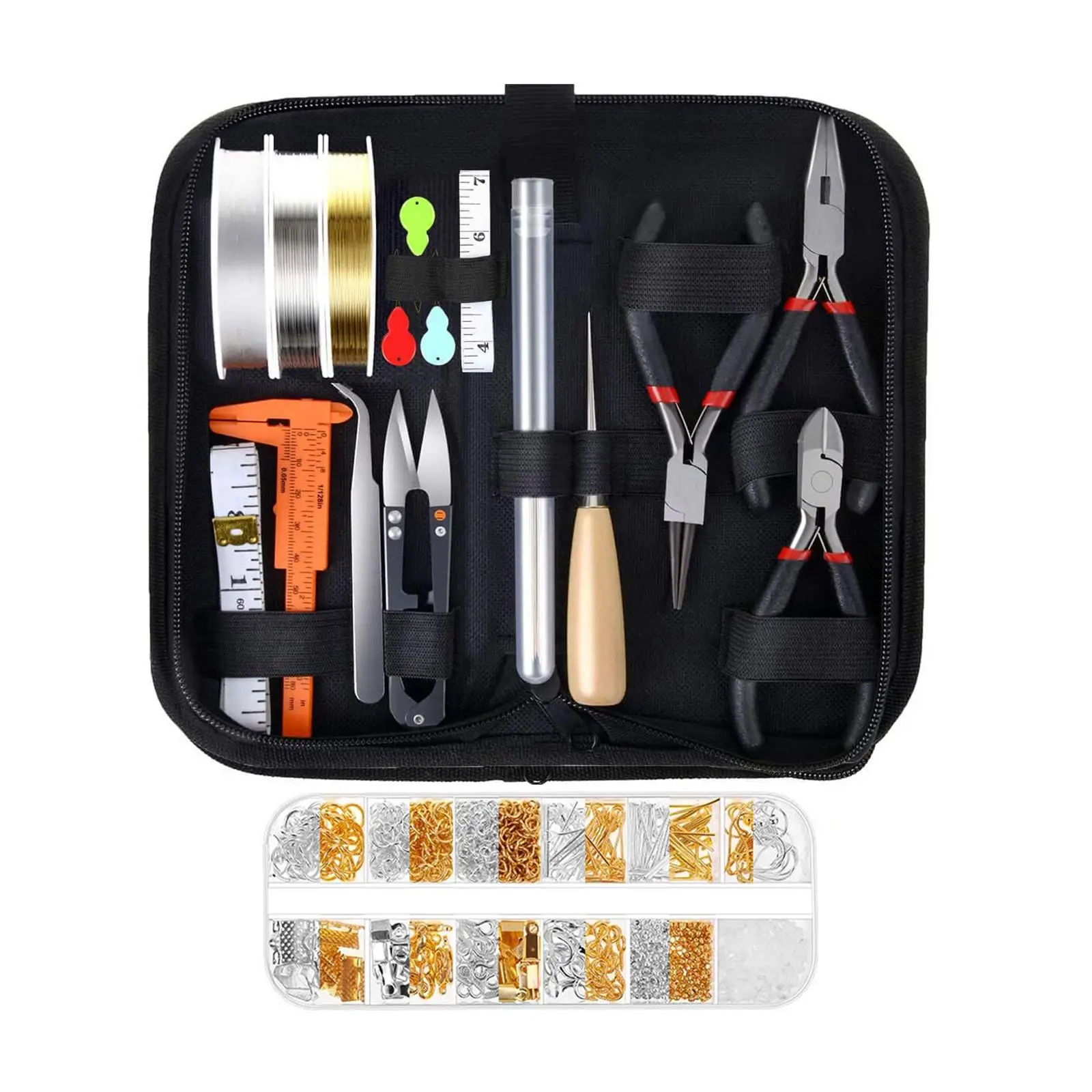 Beads Craft Set Jewelry Tools with Zipper Pouch Three Pliers Caliper Scissors and Charms for Bracelet Making